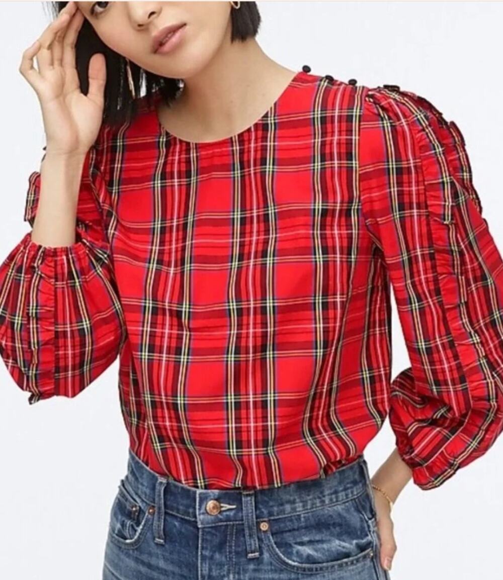 J. Crew Ruffle-Sleeve Top in Red Stewart Tartan Size Medium